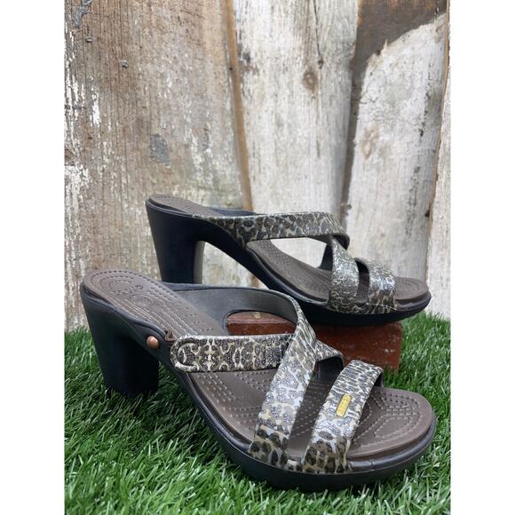 Crocs Women’s Size 10 Cyprus IV Sparkle Leopard Heels Sandals Brown Black - Picture 1 of 7